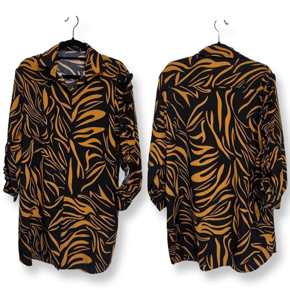 Women’s Button-up Polo Dress Black and Yellow Printed Collared Ruffle Fall Large
